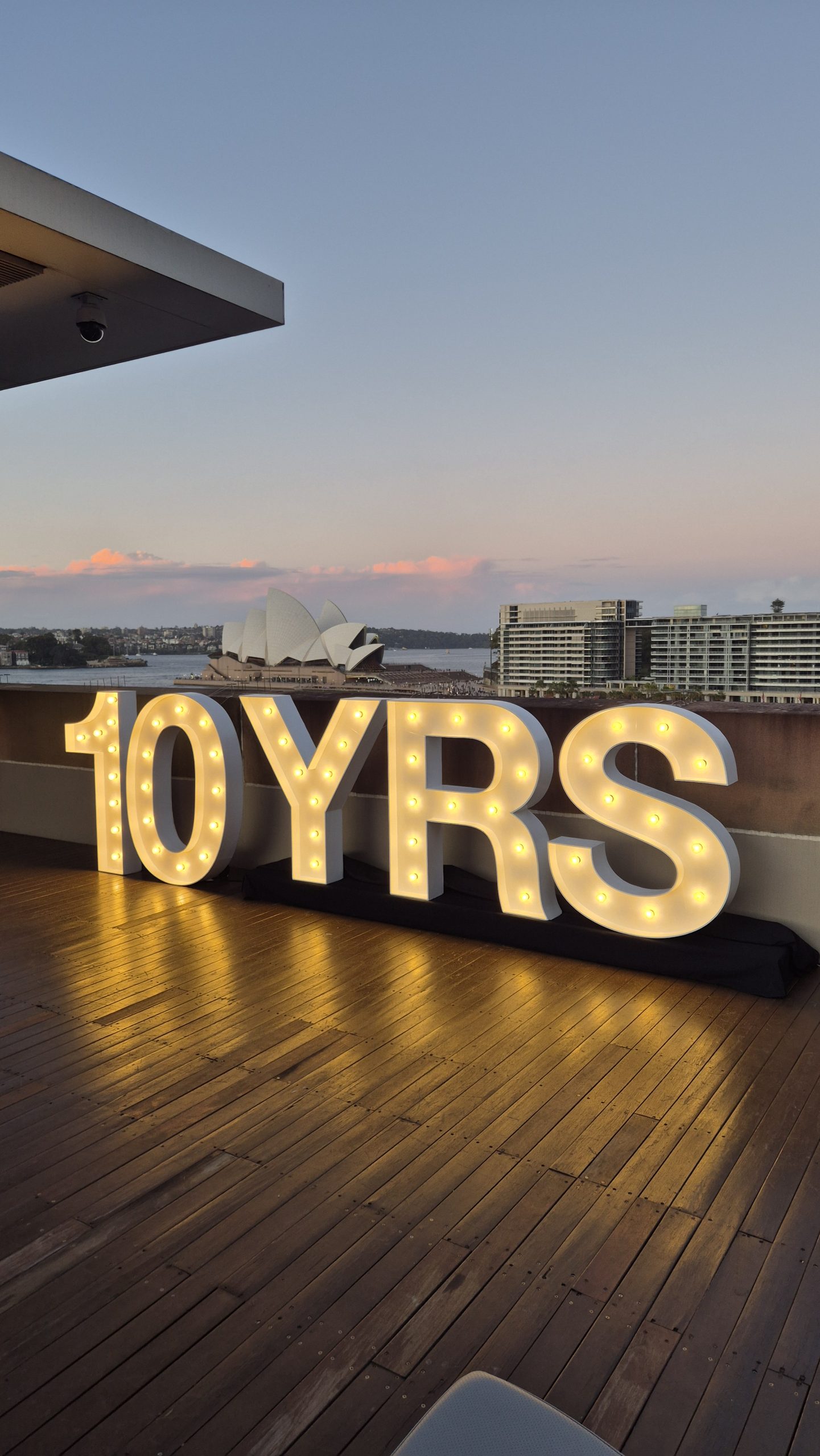 light-up-letters-numbers 10YRS against the backdrop of the Sydney Harbour Bridge
